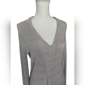Boston Proper Women's Gray Taupe Sparkle Embellished V-Neck Sweater Size Small